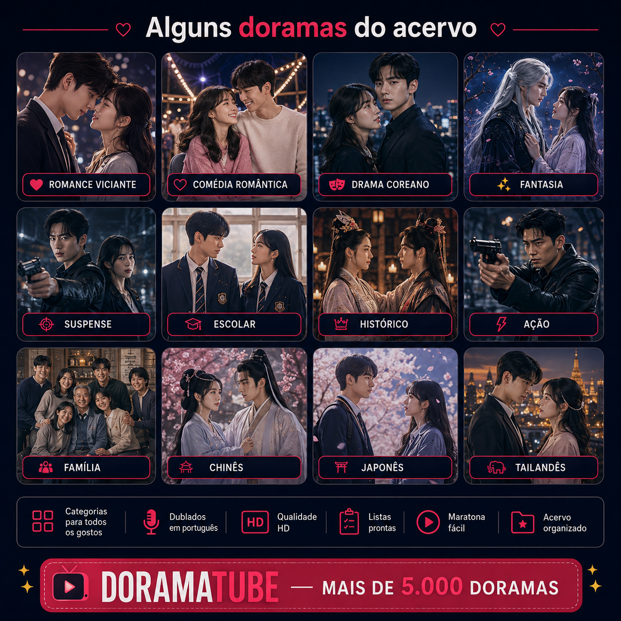 Mosaico com capas de doramas românticos, comédia romântica, drama, fantasia, suspense, ação, escolares, históricos, coreanos, chineses, japoneses e tailandeses.
